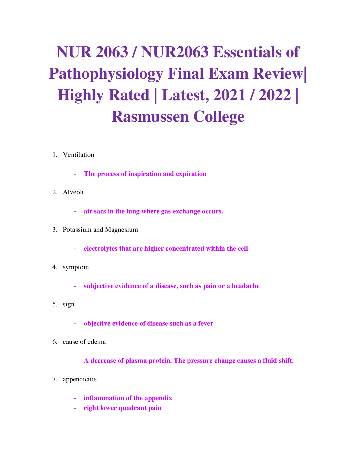 NUR 2063 / NUR2063 Essentials of Pathophysiology Final Exam Review| Grade A  Rasmussen College
